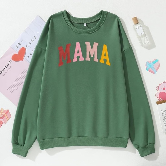 Mama Sweatshirt Women Mama Letter Print Graphic Long Sleeve Crewneck Pullover - Picture 2 of 11